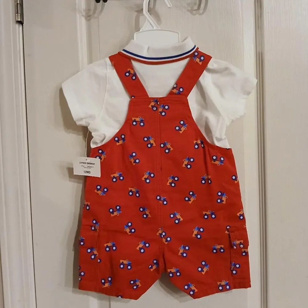NWT Y2K vintage red monster truck bib cargo overalls matching polo shirt 12 mo